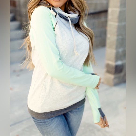 AMPERSAND AVE Baseball DoubleHood Sweatshirt Hoodie Mint and Gray Size Large - Picture 4 of 10